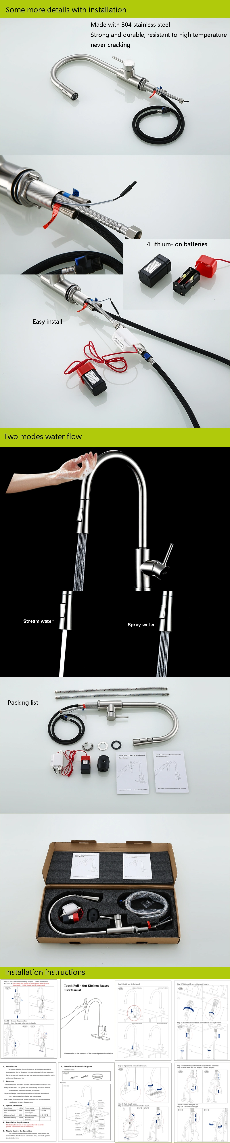 Amazon Hot Selling 304 Stainless Steel Mixer Water Tap Dual Function Pull out Smart Sensor Touch Kitchen Faucet